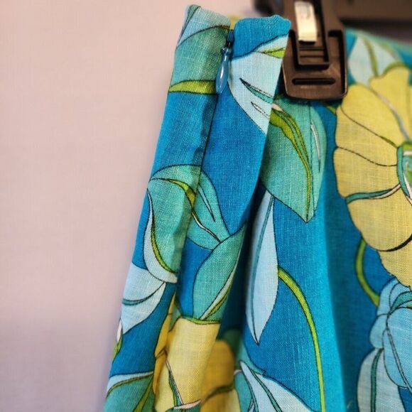 NYGARD COLLECTION, 100% LINEN TRUMPET SKIRT, TEAL/GREEN/YELLOW FLORAL SIZE 14 - Picture 4 of 8